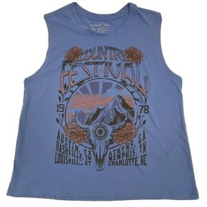 Country Festival Cropped Boxy Muscle Tank Top womens sz S weekend soul steer blu